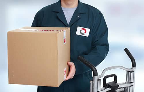 Delivery guy holding package for Omni