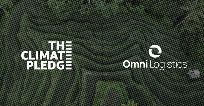 Graphic with Omni Logistics logo and The Climate Pledge logo on top of background with green trees